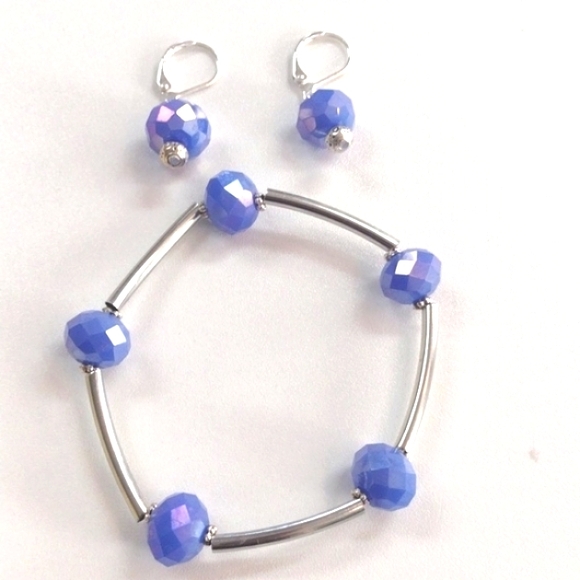HANDMADE SILVER-PLATED OVER BRASS IRIDESCENT BLUE BRACELET/EARRING SET-NWOT - Picture 7 of 8